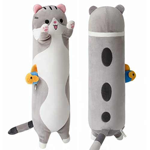 shownicer Katze Plüsch Kissen Lange Katze Kuscheltier Stofftiere Kawaii Kätzchen Plüschtier Schlafkissen Katze Kuschelkissen Geschenk für Kinder Mädchen 12+ Jahre (50CM, Grau & Fisch) von shownicer