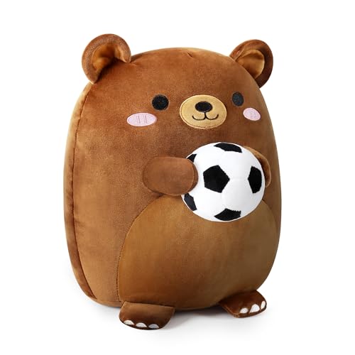 shownicer Plüschtier Bär Kuscheltier Mit Fußball Stofftier Kawaii Bär Plüsch Kissen Spielzeug Bär Wurfkissen Geschenk für Kinder Jungen 12+ Jahre (Braun, 35cm) von shownicer