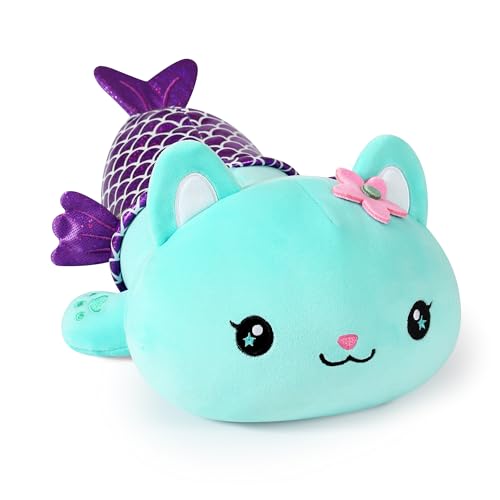 shownicer Plüschtier Katze Meerjungfrau Kuscheltier Stofftier Kawaii Katze Plüsch Kätzchen Plüschkissen Spielzeug Wurfkissen Schmusetier Geschenk für Kinder Mädchen 12+ Jahre (Blau Meerjungfrau, 30cm) von shownicer