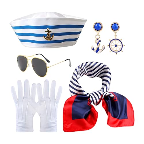 shpuuyy Matrosen-Outfit für Damen, Marine-Kostüm, Erwachsenen-Set, mit Hut, Sonnenbrille, Schal, 5 x nautisches Outfit für Karneval, Hochzeit, Weihnachten, Sommer shpuuyy Matrosen-Outfit für Damen, Marine-Kostüm, Erwachsenen-Set, mit Hut, Sonnenbrille, Schal, 5 x nautisches Outfit für Karneval, Hochzeit, Weihnachten, Sommer von shpuuyy