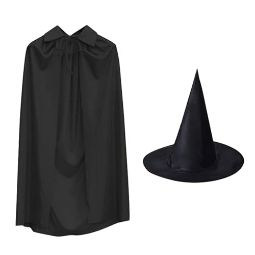 shpuuyy Schwarzer Umhang, Halloween-Umhang - 55 Zoll Zaubererumhang mit Hexenhut | Halloween-Kostüm, Rollenspiel-Requisiten für Rollenspiele, Bühnenauftritte von shpuuyy