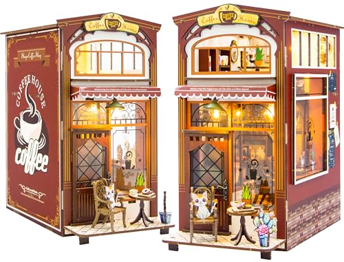 shrike Book Nook- DIY Puppenhaus, Booknook Kit, Miniatur Haus Selber Baue Bausatz mit LED, 3D Holz Puzzle Buchstütze Bücherregal einfügen Dekor für Erwachsene(Cafe) von shrike