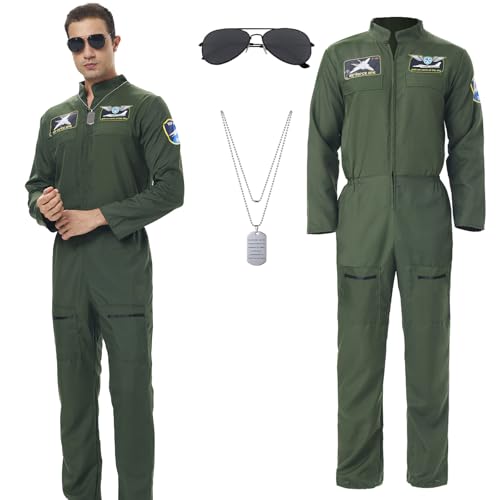 shyhand Herren Pilot Kostüm Flieger Fliegerkostüm 3 teilig für Erwachsene Fluganzug Pilotenbrille Dog Tag Halskette Halloween Karneval Party Outfit (Grün, X-Large) von shyhand