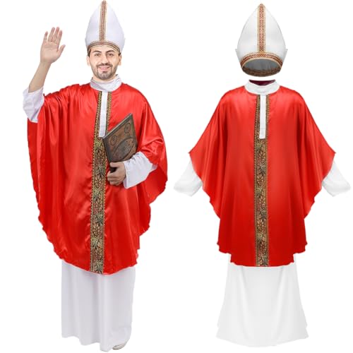 shyhand Papstkostüm für Erwachsene, Priester, biblisch, katholisch, Bischof, Robe, roter Papst-Poncho-Hut, Halloween, Cosplay, Outfit für Herren shyhand Papstkostüm für Erwachsene, Priester, biblisch, katholisch, Bischof, Robe, roter Papst-Poncho-Hut, Halloween, Cosplay, Outfit für Herren von shyhand