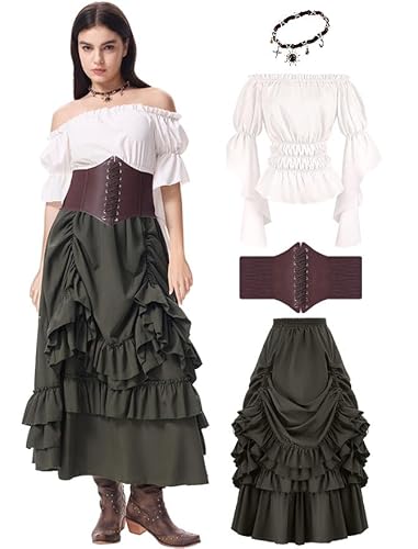 shyhand Renaissance-Kostüm für Damen, mittelalterliches Renfee-Piraten-Shirt-Rock mit Korsett-Taillengürtel, Halloween, Cosplay-Kostüm von shyhand
