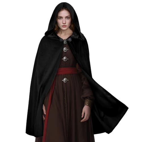 shyhand Renaissance-Umhang mit Kapuze, mittelalterlicher Samt-Umhang, Zauberer, Hexenumhang, Capelet, Halloween, Cosplay, Kostüm für Damen und Herren, Schwarz, Einheitsgröße von shyhand