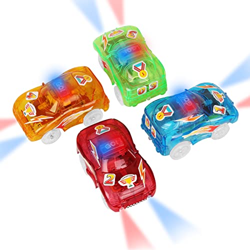 4 Stück Tracks Cars Magic Race Autorennbahn Spielzeugauto Track Zubehör Auto mit 5 blinkenden LED Leuchten und DIY Aufklebern Kinderspielzeug Geschenke für Alter 3 4 5 6 7 8 Kinder von sikkeby