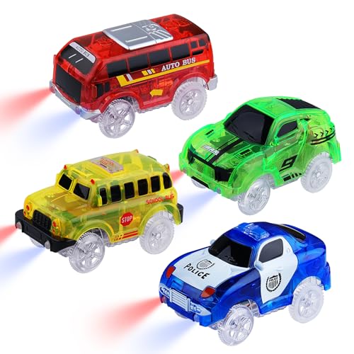 4er-Pack Magic Spielzeugautos Track Cars leuchten im Dunkeln, Autos Spielzeug Mini-Polizeiauto, Bus, Schulbus, Sportwagen mit 5 LED Blinkenden Lichtern für Kinder 3 4 5 8 Jahre, Gleise Autos Ersatz 4er-Pack Magic Spielzeugautos Track Cars leuchten im Dunkeln, Autos Spielzeug Mini-Polizeiauto, Bus, Schulbus, Sportwagen mit 5 LED Blinkenden Lichtern für Kinder 3 4 5 8 Jahre, Gleise Autos Ersatz von sikkeby