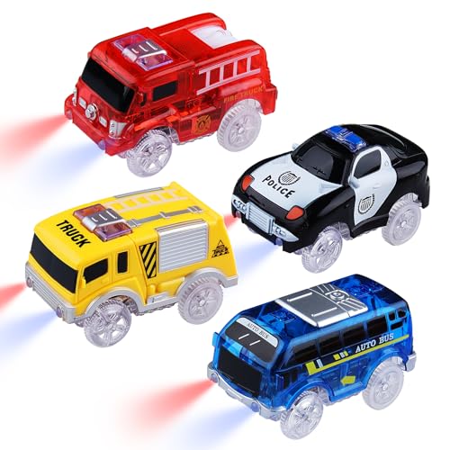 4er-Pack Spielzeugautos Tracks Cars Magic Autos leuchten im Dunkeln für Kinder 3-8 Jahre, Polizeiauto, Bus, Feuerwehrautos, Lastwagen mit 5 LED Lichtern, Auto Spielzeug Ersatz, das auf Schienen fährt von sikkeby