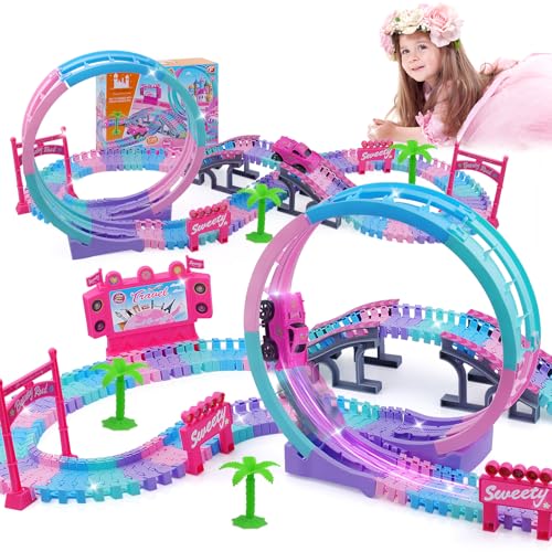 Track Set Magic Laufspielzeug für Kinder, 144 Stück Flexible-Beste Geburtstagsgeschenk für 3 4 5 6 7 8 Jahre Mädchen Jungs, mit 360 Schleife Steigrampe, Auto beleuchtet von sikkeby