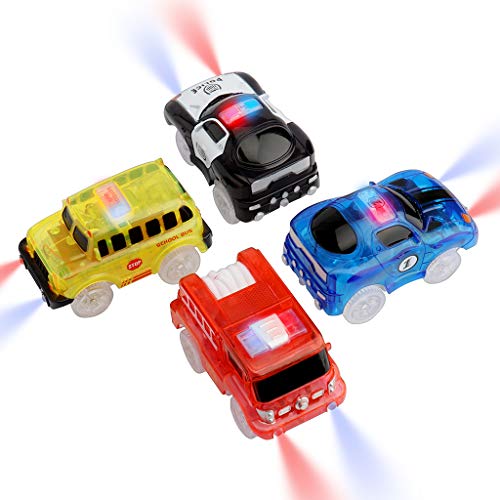 Tracks Cars 4 Pack Spielzeug Magic Auto mit 5 LED Blinkenden Lichtern, Spielzeugautos leuchten im Dunkeln, kompatibel mit den meisten Tracks für Kinder, Jungen und Mädchen von sikkeby
