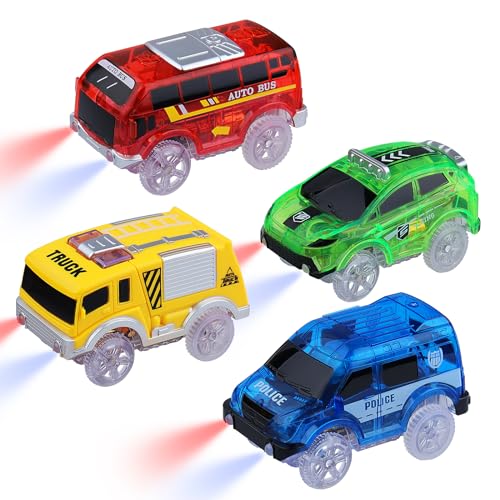 Tracks Cars Ersatz nur Magic Toy Cars Glow in The Dark, Auto Track Rennwagen mit 5 blinkenden LED-Lichtern Kompatibel mit den meisten Tracks Kinder, Jungen und Mädchen (4 Pack) von sikkeby