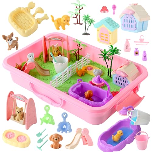 sikmcle Haustier Sensorik Magic Sand Set, Haustierspielset und Sandkasten mit Deckel, Hunde- und Katzenspielzeug für Kleinkinder, Sensorik-Set für Kinder von 3-7 Jahren und älter(Petting Zoo) von sikmcle