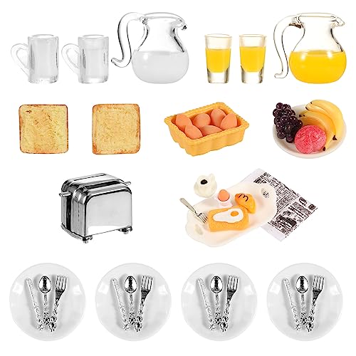 simarro Puppenhaus Miniatur Frühstück Zubehör, 46 Stück Puppenhaus Zubehör 1:12 Mini Toastmaschine Brot Saft Milch Eier Tassen Teller Messer Gabel Löffel Puppenhaus Küchenszene Kuchendekoration von simarro