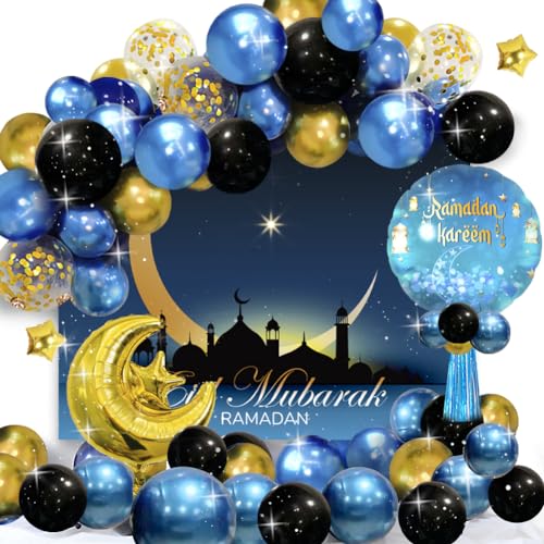 Eid Mubarak Dekorationsset simyron 49 stück Eid Mubarak Sterne Mond Folienballon Schwarz Gold Latexballons für Hausgarten Ramadan Mubarak Themenparty von simyron