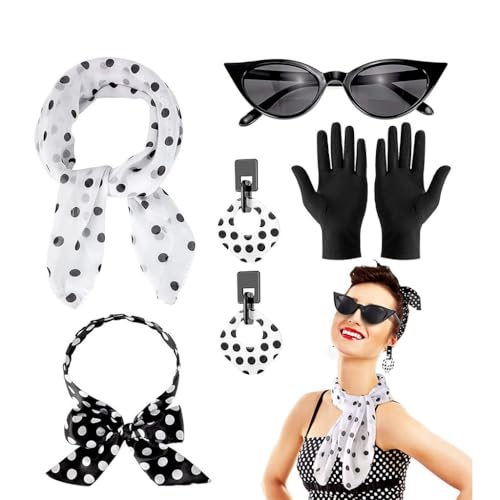 sinirttou 50er Damen Accessoires Set, 5 Stück 1950s Kostüm Damen Vintage Zubehör, mit Polka Dot Rock haarreif Handschuhe Brille Schal Ohrstecker, für Karneval Fasching Mottoparty(Schwarz) sinirttou 50er Damen Accessoires Set, 5 Stück 1950s Kostüm Damen Vintage Zubehör, mit Polka Dot Rock haarreif Handschuhe Brille Schal Ohrstecker, für Karneval Fasching Mottoparty(Schwarz) von sinirttou