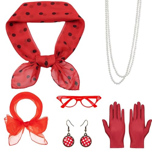 sinirttou 50er Damen Accessoires Set, 6 Stück 1950s Kostüm Damen Vintage Zubehör, mit Polka Dot Rock haarreif Schal Handschuhe Brille Halskette Ohrstecker, für Karneval Fasching Mottoparty(Rot) von sinirttou