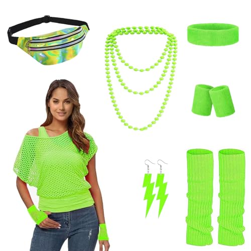 sinirttou 80er 90er Jahre Outfit Damen,Netzshirt mit Bauchtasche,Ärmelabdeckung, Stirnband, Beinwärmer,Halskette,Ohrring,Retro Accessoires Kostüm Set，für Karneval Neon Party（Grün） von sinirttou