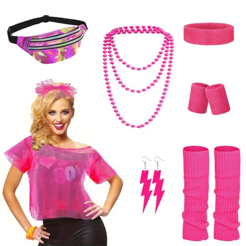 sinirttou 80er 90er Jahre Outfit Damen,Netzshirt mit Bauchtasche,Ärmelabdeckung, Stirnband, Beinwärmer,Halskette,Ohrring,Retro Accessoires Kostüm Set，für Karneval Neon Party（Rosa） von sinirttou