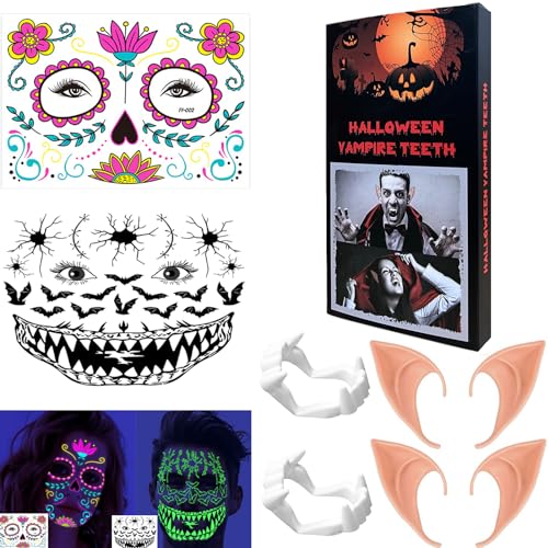 Vampir Zähne, Halloween Tattoo, Ohren Elfen, Halloween Ohren und Zähne Set, für Halloween Maskerade Cosplay Party(6PCS) von sizzlepop