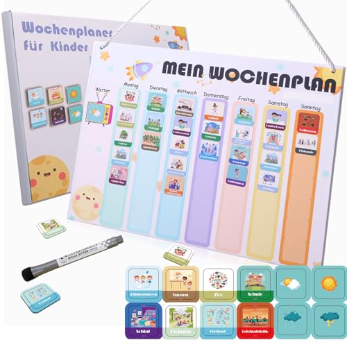 sizzlepop wochenplaner Kinder – Spaß gestaltete Montessori-Magnettafel, inklusive 200 Magneten und Stiften, Sehr gut geeignet für Kinder, um EIN gutes Zeitgefühl zu entwickeln （Deutsch） (Blau) von sizzlepop