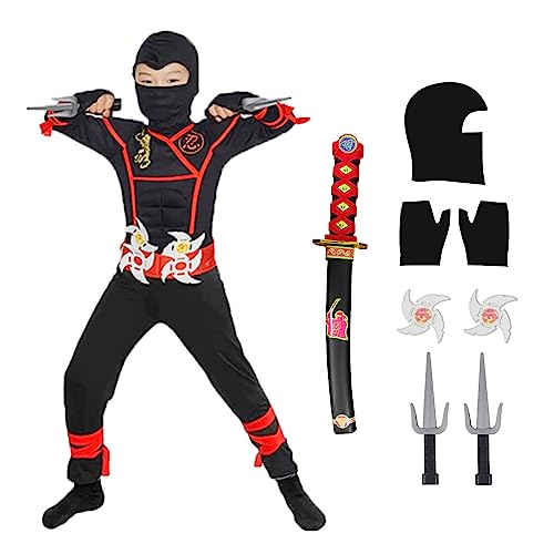 skyllc Ninja Kostüm Kinder, Jungen Ninja Cosplay Set mit Handschuhen Darts Bajonett - für Rollenspiel Halloween Weihnachten Party Karneval,Größe S von skyllc