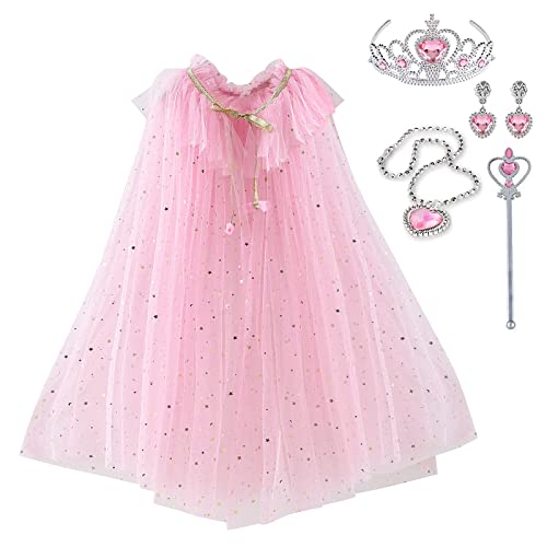 skyllc Prinzessin Umhang Kinder,Tüll Umhang Glitzer für Mädchen,Pailletten Cape Prinzessin mit Krone Halskette Ohrringe Zauberstab,Party Kostüm Karneval Cosplay für Mädchen Halloween Kostüm(Rosa) von skyllc