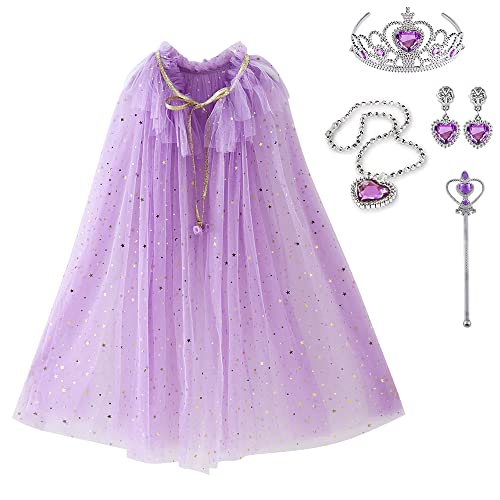 skyllc Prinzessin Umhang Kinder,Tüll Umhang Glitzer für Mädchen,Pailletten Cape Prinzessin mit Krone Halskette Ohrringe Zauberstab,Party Kostüm Karneval Cosplay für Mädchen Halloween Kostüm(Violett) von skyllc