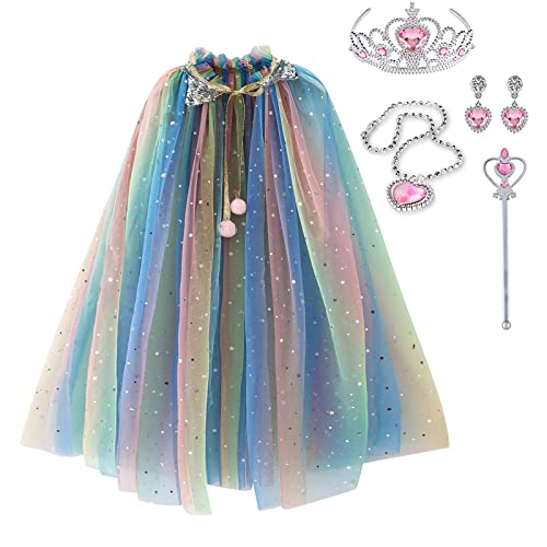 skyllc Prinzessin Umhang für Mädchen - Verkleidung Kostüm Mit Krone, Halskette, Ohrringe, Zauberstab - Party Karneval Cosplay Halloween von skyllc