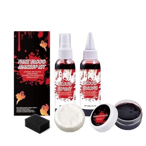 Skyrabbiter Halloween Blut Make-up Set, 5-teilig, 30ml Blutspray + 30ml Tropfblut + Geronnenes Blut + Reinigungsseife + Schwamm, für Kostümpartys, Kunstblut Halloween (A) von skyrabbiter