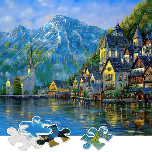 Skyrabbiter Landschafts-Puzzle, 1000 Teile, 70 x 50 cm, Bergdorf am See, Puzzle für Erwachsene und Kinder ab 14 Jahren, Puzzle mit Landschafts-Motiv (A) von skyrabbiter
