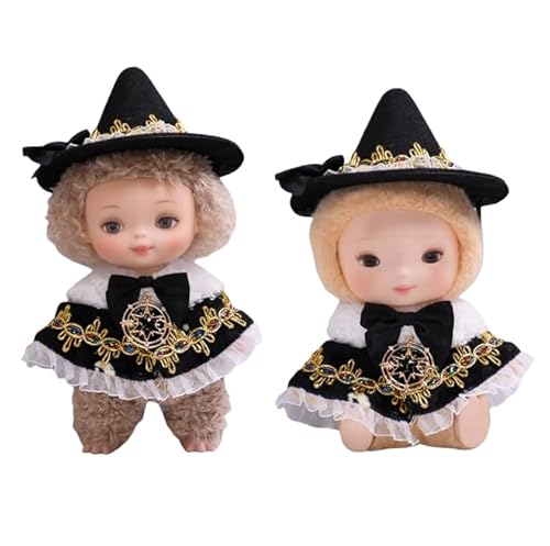 Skyrabbiter Miniatur-Puppenkostüm Set, 17 cm, Schwarzer Hut und Umhang mit Goldstickerei, Weiße Spitze, 3-teilig, Handgefertigte Häkel Miniatur Zubehör Set Für Labubu Kleidung Zubehör (A) von skyrabbiter