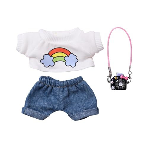 Skyrabbiter Niedliche Mini Plüsch Puppen Kleidung Outfit nur Bekleidungs zubehör für 17cm Lbu Puppen Regenbogen T-Shirt und Jeanshose Kleidung DIY Kinder Geschenke (A) von skyrabbiter