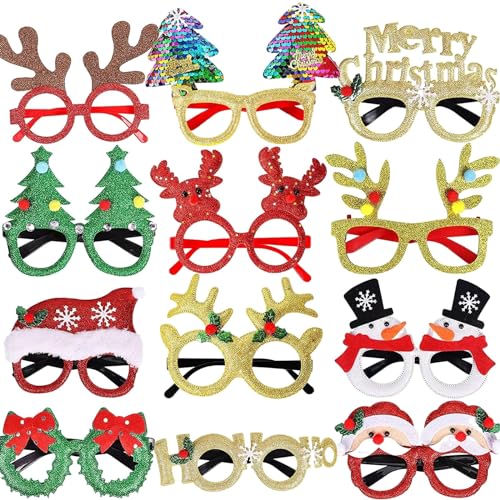 skyrabbiter 12er-Pack Weihnachtsbrillen mit glitzerndem Brillengestell, Kostümzubehör für Weihnachtsdekorationen, Party-Strumpfartikel, Partyzubehör Baby Krippe Weihnachten (Red, One Size) von skyrabbiter