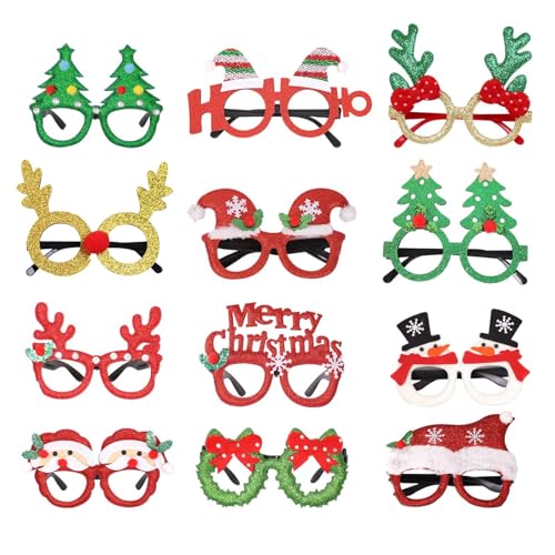 skyrabbiter 12er-Pack Weihnachtsbrillen mit glitzerndem Brillengestell, Kostümzubehör für Weihnachtsdekorationen, Party-Strumpfartikel, Partyzubehör Deckenkranz (Red, One Size) von skyrabbiter