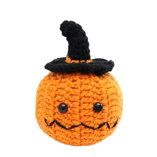 skyrabbiter Handgehäkelter Halloween-Kürbis mit Hexenhut und Motivkarte, 7 cm, Orange-Schwarz, Emotionale Unterstützung Deko (A) von skyrabbiter