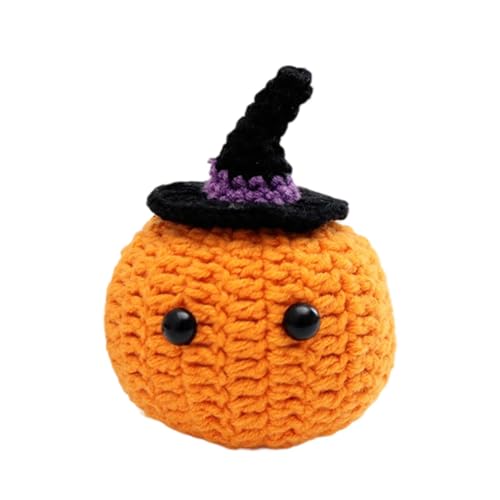 skyrabbiter Handgehäkelter Halloween-Kürbis mit Hexenhut und Motivkarte, 7 cm, Orange-Schwarz, Emotionale Unterstützung Deko (C) von skyrabbiter