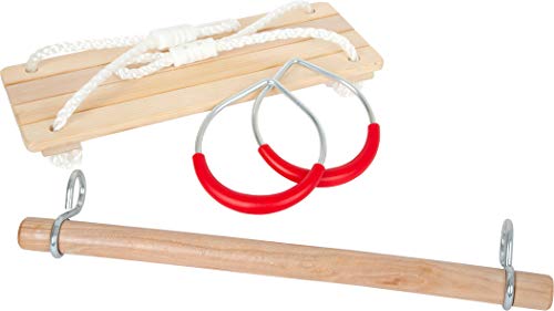 Small Foot Schaukel-Set 3 in 1, mit Brettschaukel, Holztrapez und Metallturnringen, für Kinder ab 3 Jahren, 11908, Rot von Small Foot