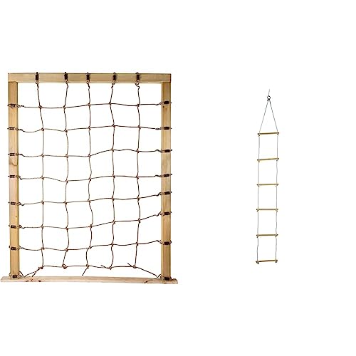 Small Foot Kletternetz mit Achterhaken, zur Befestigung an dreiseitigen Holzrahmen & Strickleiter mit sechs Holzsprossen, 2 m, Kletterspielzeug für drinnen und draußen, bis ca. 75 kg, 1048 von Small Foot