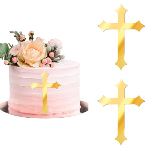 smartelf 2 Stück Kuchendeko Kreuz Cake Topper, Kreuz Tortendeko Kommunion Deko, 10x7cm Cake Topper Gold Spiegel Torten Deko Mädchen Junge für Kommunion, Hochzeit, Geburtstag von smartelf