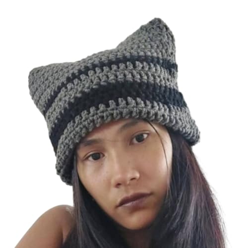 Kätzchen-Ohr-Hut, gestreift, gehäkelt, für Damen und Herren, Cosplay, Bild-Requisiten, Halloween, Totenkopf, gestrickt Kätzchen-Ohr-Hut, gestreift, gehäkelt, für Damen und Herren, Cosplay, Bild-Requisiten, Halloween, Totenkopf, gestrickt von sodeber