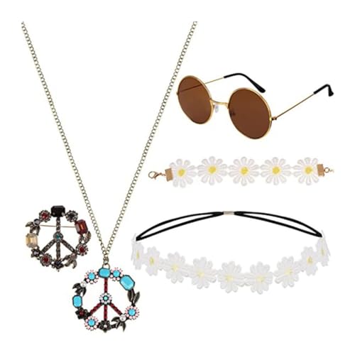 sodeber 70er Jahre Outfits für Mädchen und Frauen, Hippie-Kostüm-Set enthält Friedenszeichen, Halskette, Krone, Stirnband, Ohrringe und sodeber 70er Jahre Outfits für Mädchen und Frauen, Hippie-Kostüm-Set enthält Friedenszeichen, Halskette, Krone, Stirnband, Ohrringe und von sodeber