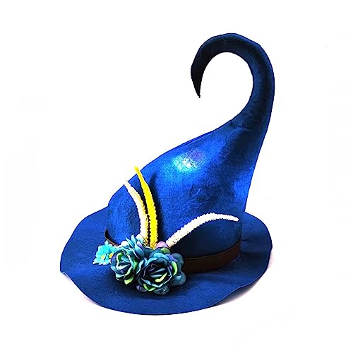 sodeber Blauer Hexenhut für Halloween, gebogener Schirm, mit Blume, für Herren und Damen, Party, Kopfbedeckung, Cosplay, Festivals von sodeber
