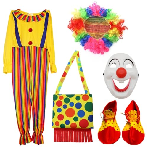 sodeber Clown-Kostüm-Set für Erwachsene, Zubehör, Kleidung, Perücken, Tasche, Schuhe von sodeber