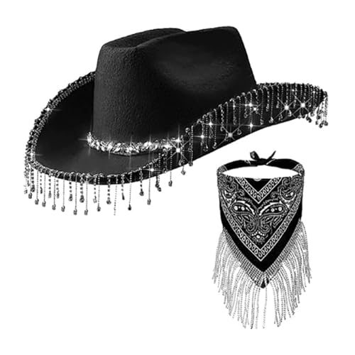 sodeber Cowboyhut mit Strass-Quasten, breite Krempe, Schal, Set, Cosplay, Party, Fedora-Kostüm von sodeber