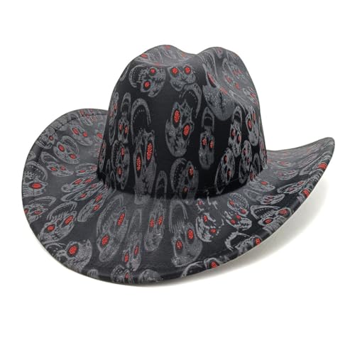 sodeber Einzigartiger Fedora-Hut im westlichen Stil, breite Krempe, Oberteil mit Totenkopf-Muster, für Damen und Herren, Cosplay-Party sodeber Einzigartiger Fedora-Hut im westlichen Stil, breite Krempe, Oberteil mit Totenkopf-Muster, für Damen und Herren, Cosplay-Party von sodeber