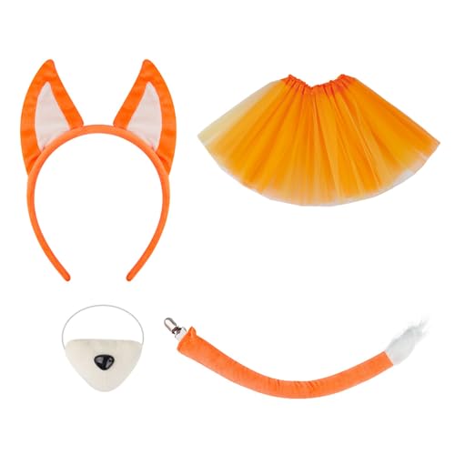 sodeber Fuchs-Kostüm-Set mit falscher Nase, Katzenohren, Stirnband, Rock, Plüschschwanz, Tiere, Cosplay-Kostüm-Set für Halloween-Party von sodeber