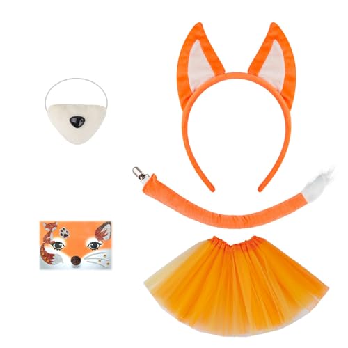 sodeber Fuchs-Kostüm-Set mit falscher Nase, Katzenohren, Stirnband, Rock, Plüschschwanz, Tiere, Cosplay-Kostüm-Set für Halloween-Party von sodeber