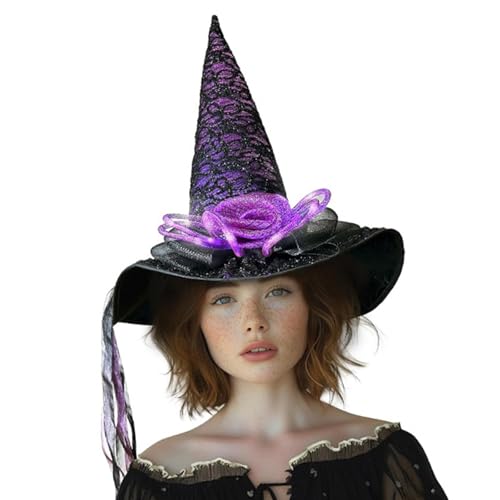 sodeber Halloween-Hexenhut, leuchtende Zauberer-Kappen, Blume, gefiederte Hexenhut für Halloween-Party-Dekoration, Cosplay-Kostüme von sodeber