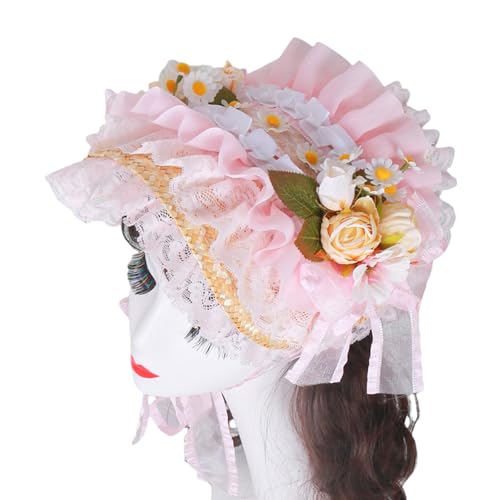 sodeber Handgefertigter viktorianischer Motorhaubenhut mit gerüschtem Rand und Blumen-Sonnenhut für Vintage-Enthusiasten, Teaparty-Kostüm-Requisiten sodeber Handgefertigter viktorianischer Motorhaubenhut mit gerüschtem Rand und Blumen-Sonnenhut für Vintage-Enthusiasten, Teaparty-Kostüm-Requisiten von sodeber